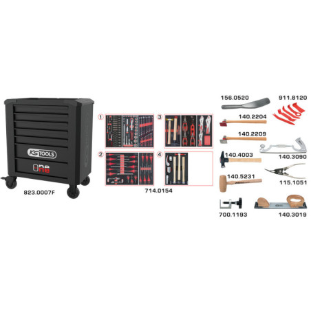Servante One By One 7 Tiroirs Équipée de 166 Outils pour Carrosserie KS Tools