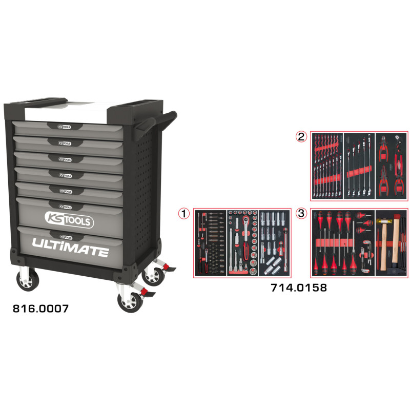 Servante Ultimate Grise & Noire 7 Tiroirs Équipée de 158 Outils KS Tools